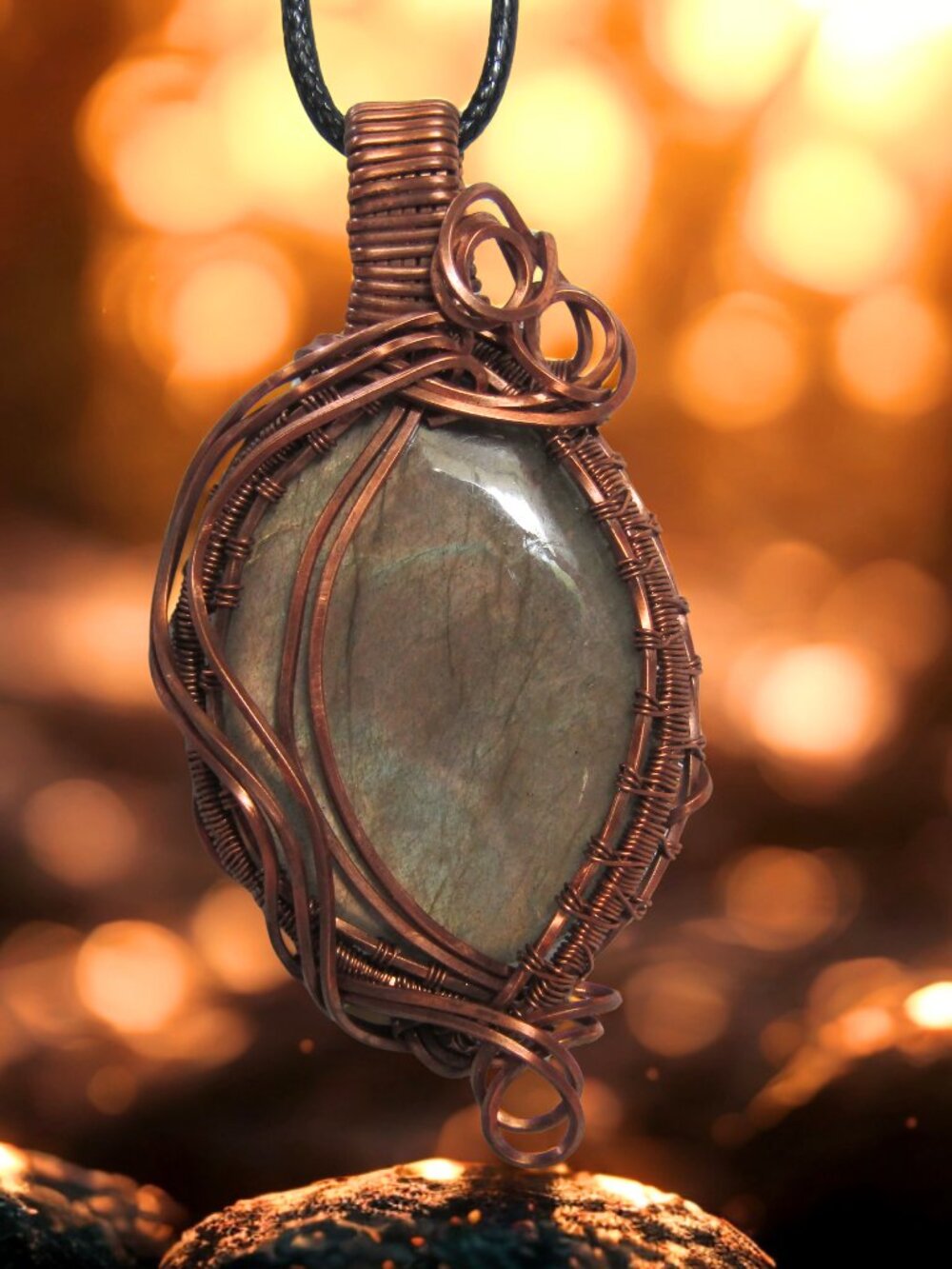 Handmade Copper Wire Wrap Peach Sheen Labradorite Crystal Gemstone Pendant